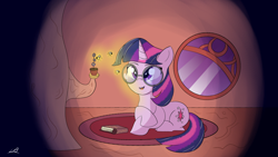 Size: 3840x2160 | Tagged: safe, artist:legiot18, imported from derpibooru, twilight sparkle, firefly (insect), insect, pony, unicorn, adorkable, book, crossed hooves, cute, dork, female, flower, glasses, golden oaks library, lying down, mare, night, prone, signature, smiling, solo, twiabetes, unicorn twilight