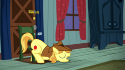 Size: 1280x720 | Tagged: safe, imported from derpibooru, screencap, braeburn, earth pony, pony, appleoosa's most wanted, eyes closed, face down ass up, foalsitter, house, male, sitting, sleeping, solo, stallion