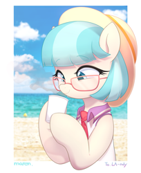 Size: 3177x3900 | Tagged: safe, artist:maren, imported from derpibooru, coco pommel, earth pony, pony, beach, clothes, cloud, cocobetes, coffee, cup, cute, female, glasses, hat, high res, mare, ocean, photo, sand, sky, smiling, solo, swimsuit, water