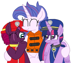 Size: 1199x1056 | Tagged: safe, artist:徐詩珮, imported from derpibooru, fizzlepop berrytwist, tempest shadow, twilight sparkle, oc, oc:aurora (tempest's mother), alicorn, pony, series:sprglitemplight diary, series:sprglitemplight life jacket days, series:springshadowdrops diary, series:springshadowdrops life jacket days, alternate universe, chase (paw patrol), clothes, female, lesbian, lifejacket, marshall (paw patrol), mother and child, mother and daughter, paw patrol, shipping, simple background, tempestlight, transparent background, twilight sparkle (alicorn)