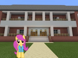 Size: 2048x1536 | Tagged: safe, artist:topsangtheman, imported from derpibooru, pursey pink, earth pony, pony, house, looking at you, minecraft, solo