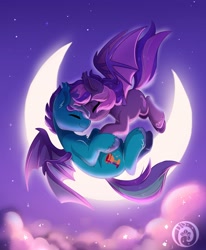 Size: 2399x2915 | Tagged: safe, artist:colorfulcolor233, artist:oofycolorful, imported from derpibooru, oc, oc only, oc:midnight mist, oc:sugar spirits, bat pony, pony, bat pony oc, bat wings, crescent moon, duo, eyes closed, female, male, moon, night, straight, transparent moon, wings