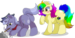 Size: 9300x4800 | Tagged: safe, artist:rainbowtashie, imported from derpibooru, igneous rock pie, night light, oc, oc:evening emeralds, oc:rainbow tashie, earth pony, pony, unicorn, blushing, bowtie, butt, commissioner:bigonionbean, cutie mark, extra thicc, female, flank, fusion, fusion:evening emeralds, fusion:igneous rock pie, fusion:night light, hat, male, mare, pickaxe, plot, simple background, stallion, transparent background, writer:bigonionbean