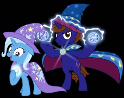 Size: 1280x1015 | Tagged: safe, artist:disneymarvel96, imported from derpibooru, trixie, oc, oc:xaldin wolfgang, pony, unicorn, bipedal, black background, cape, clothes, duo, female, hat, male, mare, simple background, stallion, trixie's cape, trixie's hat