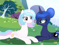 Size: 1400x1050 | Tagged: safe, artist:crystallightfury, artist:quartziie, imported from derpibooru, princess celestia, princess luna, alicorn, pony, alternate hairstyle, base used, duo, female, looking at each other, lying down, mare, prone, royal sisters, siblings, sisters, tree