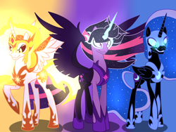 Size: 1400x1050 | Tagged: dead source, safe, artist:crystallightfury, imported from derpibooru, daybreaker, nightmare moon, twilight sparkle, alicorn, pony, equestria girls, crown, female, jewelry, mare, midnight sparkle, raised hoof, regalia, trio, twilight sparkle (alicorn), wings