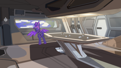 Size: 3840x2160 | Tagged: safe, artist:happy harvey, imported from derpibooru, twilight sparkle, alicorn, pony, anvil aerospace, bodysuit, carrack, clothes, crossover, drawn on phone, looking out the window, phone drawing, pool table, rsi, solo, space, spaceship, spacesuit, star citizen, twilight sparkle (alicorn)