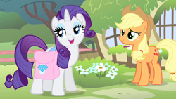 Size: 1280x720 | Tagged: safe, imported from derpibooru, screencap, applejack, rarity, earth pony, pony, unicorn, filli vanilli, bag, female, mare, saddle bag