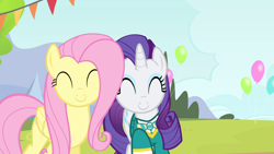 Size: 1280x720 | Tagged: safe, imported from derpibooru, screencap, fluttershy, rarity, pegasus, pony, unicorn, filli vanilli, duo, eyes closed, female, mare, nuzzling, ponytones outfit, smiling