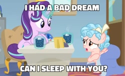 Size: 988x600 | Tagged: safe, edit, edited screencap, imported from derpibooru, screencap, cozy glow, starlight glimmer, pegasus, pony, unicorn, marks for effort, blanket, caption, chocolate, covered, desk, dialogue, duo, empathy cocoa, female, filly, food, glow, glowing, glowing cup, glowing horn, hoof hold, hooves on the table, horn, hot chocolate, image macro, looking at each other, looking at someone, mare, marshmallow, marshmallows, open mouth, sitting, starlight's office, talking, text