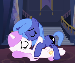 Size: 2224x1864 | Tagged: safe, artist:stellamoonshine, artist:stellamoonshineyt, imported from derpibooru, princess celestia, princess luna, pony, unicorn, banner, cewestia, cute, cutie mark, duo, eyes closed, female, filly, filly celestia, filly luna, incest, kiss on the lips, kissing, lesbian, lying down, pink-mane celestia, princest, royal sisters, s1 luna, shipping, sisters, stairs, woona, younger