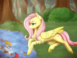 Size: 1280x960 | Tagged: safe, artist:night-iris, imported from derpibooru, fluttershy, fish, koi, pegasus, pony, female, forest, lidded eyes, lying down, mare, pond, prone, solo, water