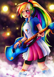 Size: 736x1041 | Tagged: safe, artist:meqiopeach, imported from derpibooru, applejack, rainbow dash, human, equestria girls, rainbow rocks, anniversary, art, awesome as i want to be, blushing, clothes, concert, cute, dashabetes, digital, drawing, fanart, female, guitar, hard rock, human coloration, lightning, multicolored hair, musical instrument, night, outdoors, performance, ponytail, rainbow hair, rock, rock (music), shadow, skirt, smoke, socks, song reference, sparkles, sticker