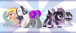 Size: 2560x1120 | Tagged: safe, artist:djkaskan, imported from derpibooru, oc, oc only, oc:silver bristle, earth pony, pony, unicorn, female, fighting stance, glasses, male, mare, simple background, stallion, stompy slippers, third eye, unusual unicorn