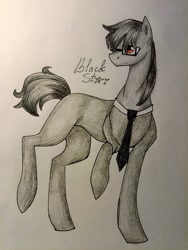 Size: 1620x2160 | Tagged: safe, artist:akich_star, imported from derpibooru, oc, oc only, oc:silver bristle, earth pony, pony, glasses, looking back, male, necktie, photo, raised hoof, simple background, solo, stallion, traditional art, walking