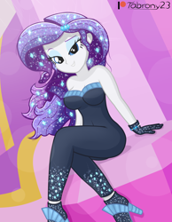 Size: 1456x1872 | Tagged: safe, artist:tabrony23, imported from derpibooru, rarity, equestria girls, equestria girls series, the other side, beautiful, bedroom eyes, breasts, cleavage, clothes, fanart, female, gloves, high heels, high res, lidded eyes, looking at you, patreon, patreon logo, raised eyebrow, sexy, shoes, show accurate, sitting, solo, strapless, stupid sexy rarity, unitard