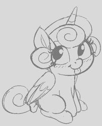 Size: 404x501 | Tagged: safe, artist:heretichesh, imported from derpibooru, princess flurry heart, alicorn, pony, blushing, bow, cute, female, filly, flurrybetes, foal, happy, mlem, monochrome, silly, sitting, smiling, solo, tail bow, tongue out