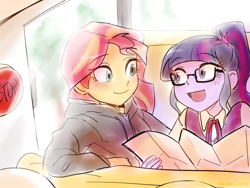 Size: 1024x768 | Tagged: safe, artist:haden-2375, imported from derpibooru, sci-twi, sunset shimmer, twilight sparkle, equestria girls, clothes, duo, female, glasses, hoodie, lesbian, map, scitwishimmer, shipping, sunsetsparkle, sweater