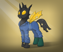 Size: 3000x2500 | Tagged: safe, artist:kozachokzrotom, imported from derpibooru, oc, oc:edd roach, changeling, boots, changeling oc, clothes, jumpsuit, male, shoes, sierra nevada, yellow changeling