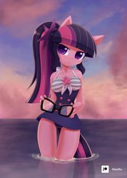 Size: 1000x1407 | Tagged: safe, artist:howxu, imported from derpibooru, sci-twi, twilight sparkle, anthro, adorasexy, beach shorts swimsuit, clothes, colored pupils, cute, equestria girls outfit, female, glasses, legs in the water, looking at you, one-piece swimsuit, sexy, sexy egghead, solo, standing in water, swimsuit, twiabetes, twilight sparkes' beach shorts swimsuit, water