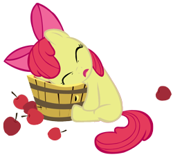 Size: 960x872 | Tagged: safe, artist:purplefairy456, imported from derpibooru, apple bloom, earth pony, pony, apple, blank flank, bucket, eyes closed, food, open mouth, simple background, solo, transparent background, vector