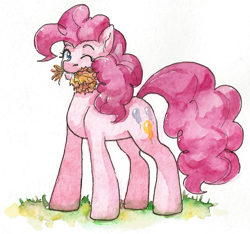 Size: 1135x1062 | Tagged: safe, artist:tigra0118, imported from derpibooru, pinkie pie, earth pony, pony, female, leaves, looking at you, mare, one eye closed, solo, standing, traditional art, watercolor painting