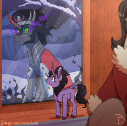 Size: 1600x1592 | Tagged: safe, artist:inuhoshi-to-darkpen, imported from derpibooru, king sombra, oc, oc:noche, cape, chest fluff, clothes, ear fluff, female, filly, hoof fluff, leonine tail, looking at each other, metal, offspring, parent:king sombra, parent:radiant hope, parents:hopebra, reflection, reformed sombra, story included