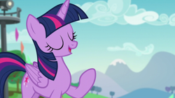 Size: 1280x720 | Tagged: safe, imported from derpibooru, screencap, twilight sparkle, alicorn, pony, the mane attraction, eyes closed, female, mare, raised hoof, solo, twilight sparkle (alicorn)