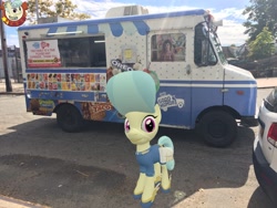 Size: 3264x2448 | Tagged: safe, artist:topsangtheman, imported from derpibooru, cinnabar, golden hooves, quicksilver, earth pony, pony, 3d, gameloft, golden hooves (g4), ice cream truck, irl, looking at you, new york city, photo, ponies in real life, solo, source filmmaker