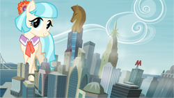 Size: 1280x720 | Tagged: safe, artist:abion47, artist:itv-canterlot, edit, editor:jaredking203, imported from derpibooru, vector edit, coco pommel, earth pony, pony, building, city, cityscape, crystaller building, female, giant pony, giant/macro earth pony, giant/mega coco pommel, giantess, highrise ponies, macro, manehattan, mare, mega giant, vector