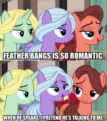 Size: 1280x1440 | Tagged: safe, edit, edited screencap, editor:jaredking203, imported from derpibooru, screencap, dear darling, fond feather, swoon song, earth pony, pegasus, pony, unicorn, hard to say anything, bimbettes, caption, female, image macro, implied feather bangs, mare, meme, text