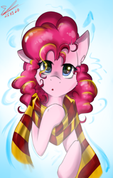 Size: 1029x1620 | Tagged: safe, artist:yuris, imported from derpibooru, pinkie pie, pony, clothes, gryffindor, gryffindor scarf, harry potter (series), scarf, solo