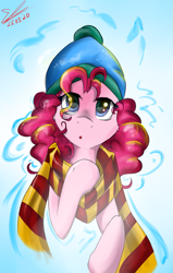 Size: 1029x1620 | Tagged: safe, alternate version, artist:yuris, imported from derpibooru, pinkie pie, pony, clothes, gryffindor, gryffindor scarf, harry potter (series), scarf, solo