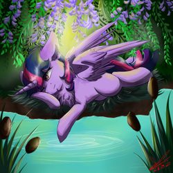 Size: 1235x1235 | Tagged: safe, artist:yuris, imported from derpibooru, twilight sparkle, alicorn, pony, butt, cattails, chest fluff, floppy ears, forest, lake, plot, reeds, solo, twilight sparkle (alicorn), water