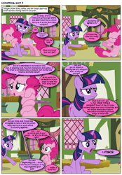 Size: 868x1248 | Tagged: safe, artist:dziadek1990, edit, edited screencap, imported from derpibooru, screencap, pinkie pie, twilight sparkle, comic:something, too many pinkie pies, comic, conversation, dialogue, female, innuendo, screencap comic, slice of life, text