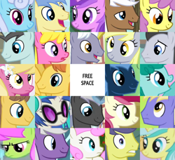 Size: 1555x1420 | Tagged: safe, edit, edited screencap, editor:jaredking203, imported from derpibooru, screencap, amethyst star, caramel, cherry berry, comet tail, dark moon, derpy hooves, dj pon-3, goldengrape, graphite, lemony gem, lily, lily valley, linky, lucky clover, merry may, mochaccino, neon lights, parasol, rare find, rising star, roseluck, royal riff, shoeshine, silver script, sir colton vines iii, sparkler, spring melody, sprinkle medley, star hunter, thorn (character), twinkleshine, vinyl scratch, warm front, earth pony, pegasus, pony, unicorn, bingo, female, male, mare, stallion, thorn (g4)