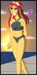 Size: 1000x2019 | Tagged: safe, artist:physicrodrigo, imported from derpibooru, part of a set, sunset shimmer, human, equestria girls, adorasexy, beach, beach shorts swimsuit, belly button, bikini, black bikini, black swimsuit, breasts, busty sunset shimmer, clothes, commission, cute, ear piercing, earring, female, geode of empathy, grin, happy, human to pony, imminent transformation, jewelry, looking up, magical geodes, midriff, ocean, piercing, potion, sexy, shimmerbetes, smiling, solo, story included, sun, sunset, sunset shimmer's beach shorts swimsuit, swimsuit, the conversion bureau, thrown, transformation, transformation sequence, vial, walking, walkway