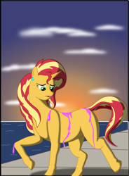 Size: 2295x3122 | Tagged: safe, artist:physicrodrigo, imported from derpibooru, part of a set, sunset shimmer, pony, unicorn, equestria girls, beach, blank flank, commission, dismay, dock, dripping, ear piercing, earring, female, high res, human to pony, jewelry, looking at self, looking down, mare, ocean, open mouth, piercing, potion, raised hoof, solo, story included, sun, sunset, the conversion bureau, transformation, transformation sequence, transformed, walkway