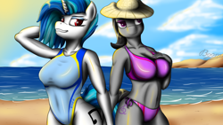 Size: 1434x811 | Tagged: safe, artist:bomzzzik, imported from derpibooru, dj pon-3, octavia melody, vinyl scratch, anthro, earth pony, unicorn, arm behind head, beach, belly button, bikini, breasts, busty octavia, busty octavia melody, busty vinyl scratch, clothes, digital art, duo, fanart, female, grin, hat, one-piece swimsuit, smiling, swimsuit