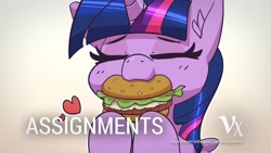 Size: 1280x720 | Tagged: safe, artist:pabbley, artist:voltexpixel, edit, imported from derpibooru, twilight sparkle, alicorn, pony, belly button, burger, chubby cheeks, cute, ear fluff, eating, eyes closed, female, food, happy, heart, mare, meat, nom, ponies eating meat, promo, smiling, solo, that pony sure does love burgers, true love, twiabetes, twilight burgkle, twilight sparkle (alicorn)