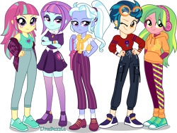 Size: 6015x4550 | Tagged: safe, artist:limedazzle, imported from derpibooru, indigo zap, lemon zest, sour sweet, sugarcoat, sunny flare, equestria girls, absurd resolution, alternate design, casual, clothes, converse, crossed arms, crystal prep shadowbolts, female, freckles, goggles, group, hand in pocket, hand on hip, hands in pockets, hands on hip, headphones, jacket, lidded eyes, one eye closed, pants, shadow five, shadowbolts, shoes, show accurate, simple background, skirt, smiling, transparent background, wink, wristband