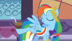 Size: 1920x1080 | Tagged: safe, imported from derpibooru, screencap, rainbow dash, pegasus, pony, the best night ever, clothes, dress, drink, female, gala dress, headdress, mare, rainbow, smiling, solo