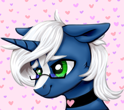 Size: 1303x1161 | Tagged: safe, artist:madcloudlet, imported from derpibooru, oc, oc only, oc:passi, oc:passi deeper, pony, unicorn, abstract background, bust, cheek fluff, choker, colored pupils, femboy, floppy ears, glasses, green eyes, horn, male, portrait, smiling, solo, spots, stallion, unicorn oc