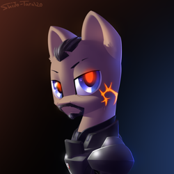 Size: 2000x2000 | Tagged: safe, artist:shido-tara, imported from derpibooru, armor, bust, crossover, glowing eyes, looking at you, mass effect, portrait, shepard, simple background