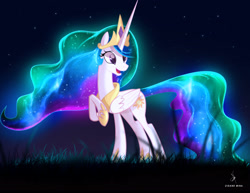 Size: 2960x2282 | Tagged: safe, artist:zidanemina, imported from derpibooru, princess celestia, alicorn, pony, crown, ethereal mane, ethereal tail, female, glowing mane, grass, happy, jewelry, mare, night, open mouth, regalia, smiling, solo