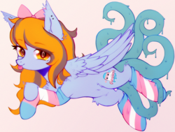 Size: 2460x1864 | Tagged: safe, artist:astralblues, artist:starrcoma, imported from derpibooru, oc, oc only, oc:sarah, pegasus, pony, bow, bowtie, chest fluff, clothes, cute, ear fluff, ear piercing, earring, female, fluffy, hair bow, jewelry, leg fluff, lying, lying down, mare, pegasus oc, pegasus wings, piercing, pride, pride flag, socks, solo, striped socks, tentacle tail, tentacles, tongue out, transgender pride flag, wings