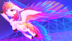 Size: 1920x1080 | Tagged: safe, artist:astralblues, artist:starrcoma, imported from derpibooru, oc, oc only, oc:fader, pegasus, pony, colored wings, cute, ear fluff, ear piercing, earring, feather, female, fluffy, flying, hoof fluff, jewelry, mare, multicolored wings, piercing, solo, sunset, vaporwave, vaporwave aesthetic, wings