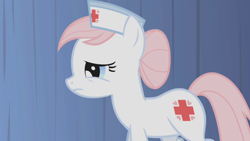 Size: 1280x720 | Tagged: safe, imported from derpibooru, screencap, nurse redheart, earth pony, pony, applebuck season, female, frown, hat, mare, nurse hat, side view, solo