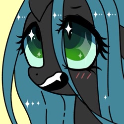 Size: 399x399 | Tagged: safe, artist:tomizawa96, imported from derpibooru, queen chrysalis, changeling, changeling queen, blushing, bust, fangs, female, portrait, solo, wingding eyes
