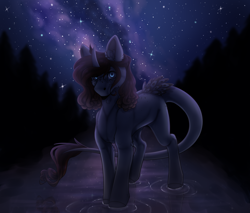 Size: 2352x2000 | Tagged: safe, artist:leawarriors, imported from derpibooru, oc, oc only, pony, unicorn, art trade, forest, night, reflection, river, solo, space, stars, water